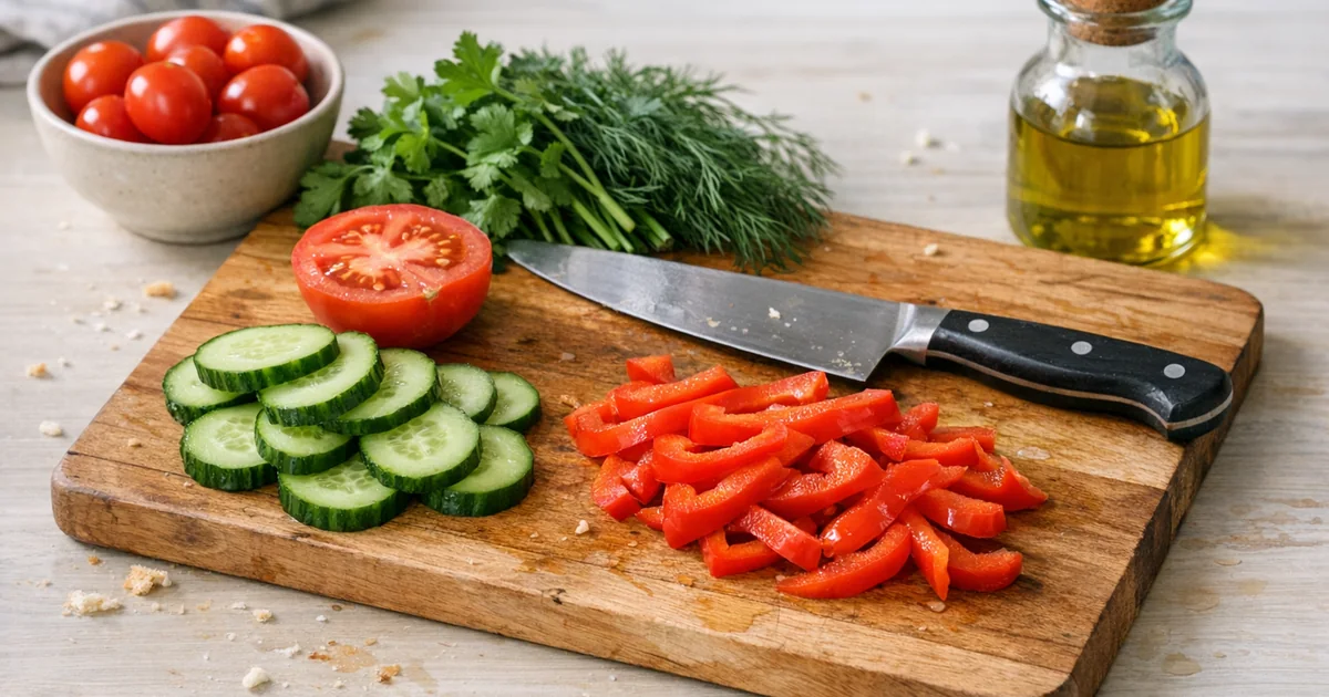 Разделочная доска с нарезанными овощами и зеленью на кухонном столе