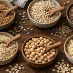 Крупы и бобовые в керамических мисках - продукты, которые удерживают сытость