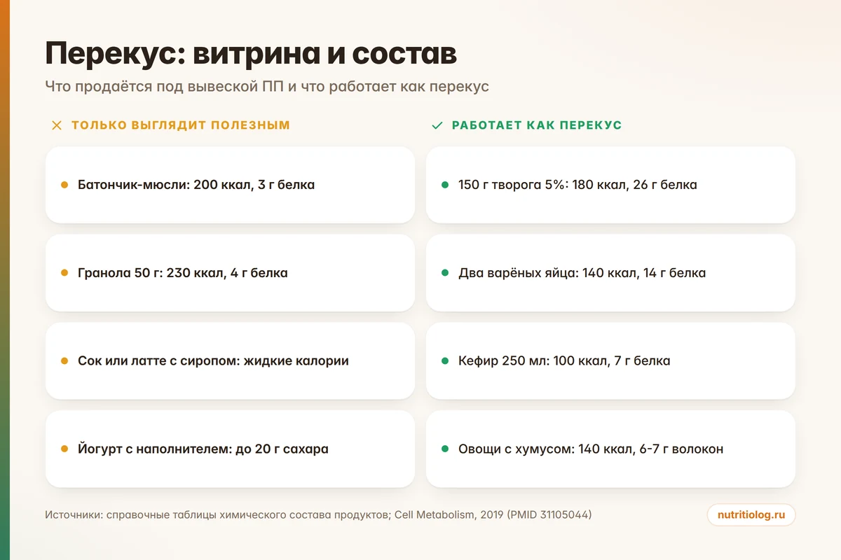 Сравнение: батончики, гранола и соки против творога, яиц и овощей с хумусом в перекусе
