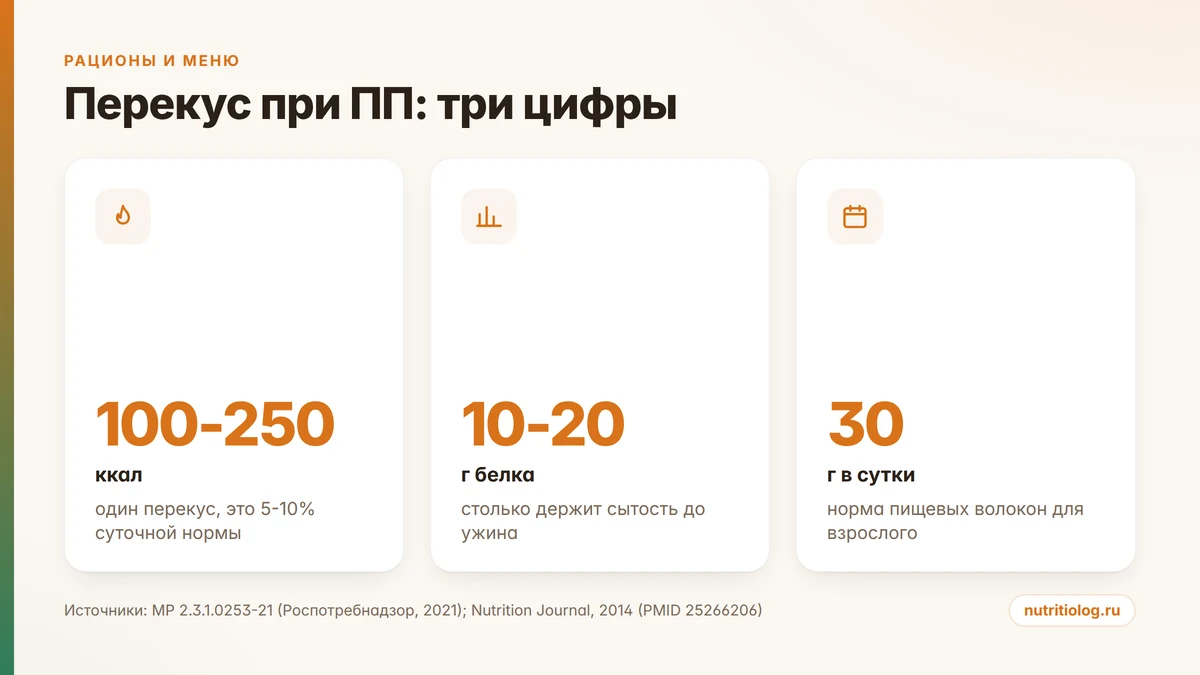 Инфографика: калорийность перекуса 100-250 ккал, белок 10-20 г, норма пищевых волокон 30 г в сутки