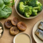 Немолочные источники кальция: шпинат, брокколи, кунжут, миндаль и сардины на столе