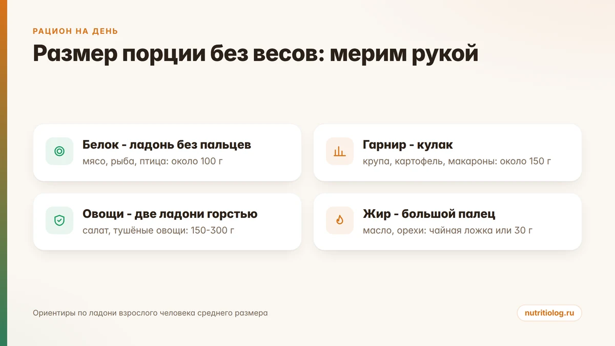 Размеры порций рациона на день по ладони, кулаку и большому пальцу без весов