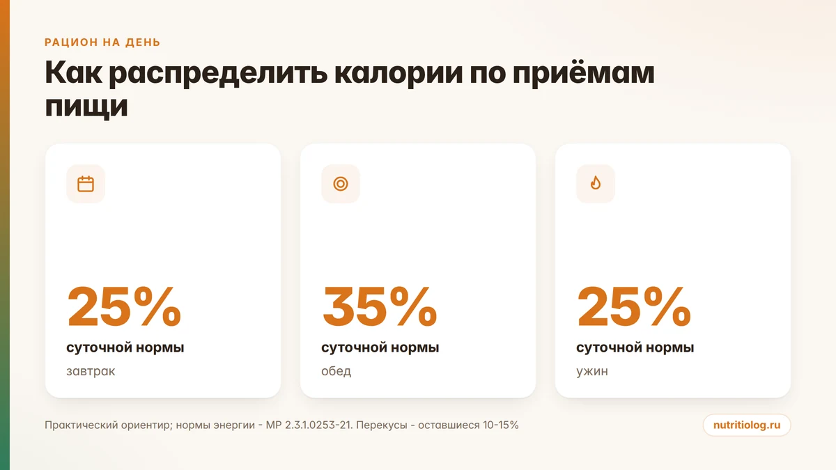 Распределение калорий рациона на день между завтраком, обедом, ужином и перекусами