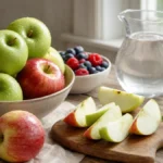Яблоки, ягоды и вода на столе - продукты для разгрузочного дня
