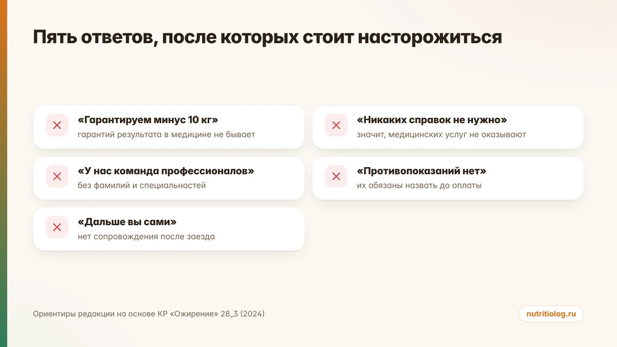 Пять тревожных признаков при выборе санатория для похудения: обещания, отсутствие обследования, анонимная команда