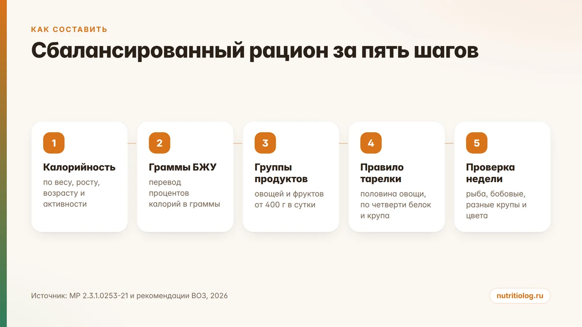 Пять шагов сборки сбалансированного рациона: калорийность, БЖУ, группы продуктов, тарелка, неделя