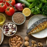 Продукты средиземноморской диеты на столе: оливковое масло, рыба, овощи, бобовые и орехи