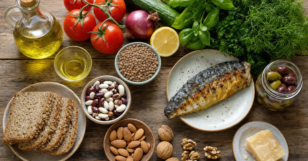 Продукты средиземноморской диеты на столе: оливковое масло, рыба, овощи, бобовые и орехи